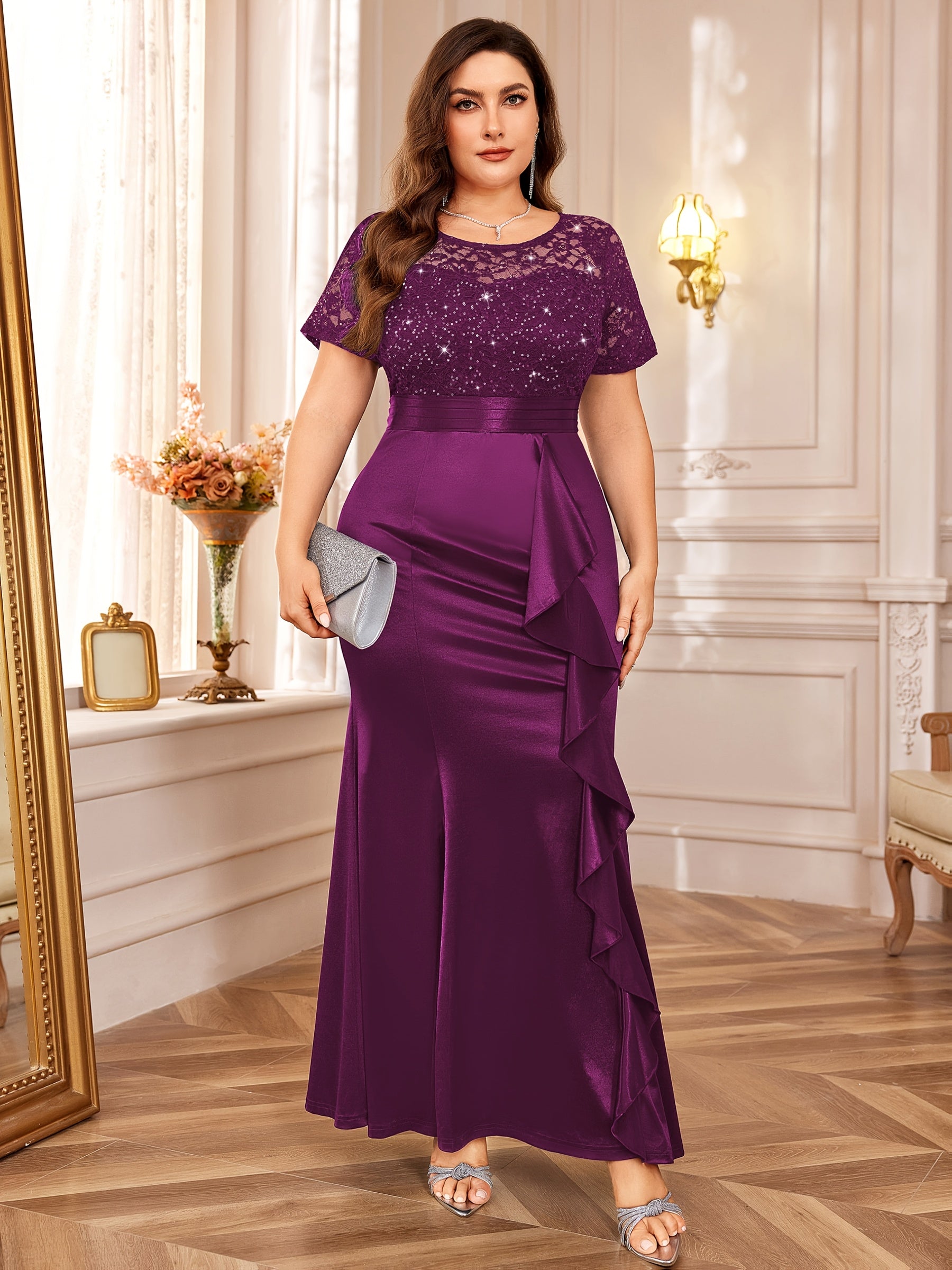 P54328A Elegant Women's Plus Size Lace Contrast Satin Sequin Bridesmaid Dress, Round Neck Short Sleeve, Empire Waist, Slim Fitting, Ruffled Mermaid Hem, Perfect for Formal Evenings, Weddings, Parties SHOWLU FASHION STORE