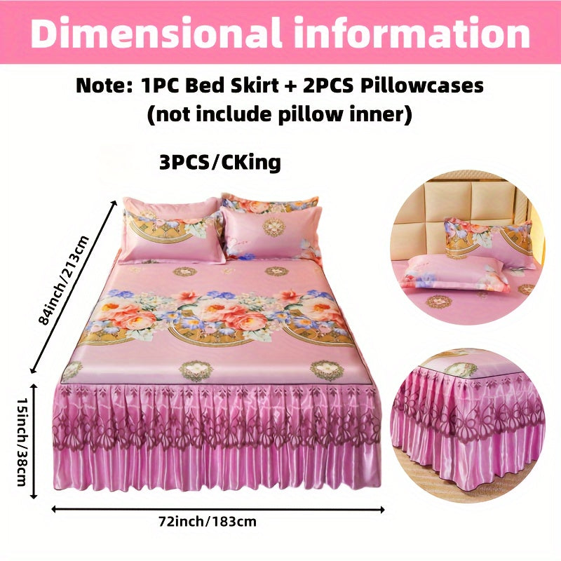 2pcs/3pcs Jacquard Bed Skirt Set with Pillowcases, Lace Hem, Floral Pattern, Soft & Comfortable, Machine Washable, Polyester 100%, Contemporary Style, Woven Fabric, 120g - Single/Double Size Options SHOWLU FASHION STORE