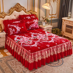 3pcs Luxurious Red Crystal Velvet Bed Skirt Set with Lace Accents, Contemporary Style, Quilted Polyester Cover, Durable & Wrinkle-Resistant, Machine Washable SHOWLU FASHION STORE