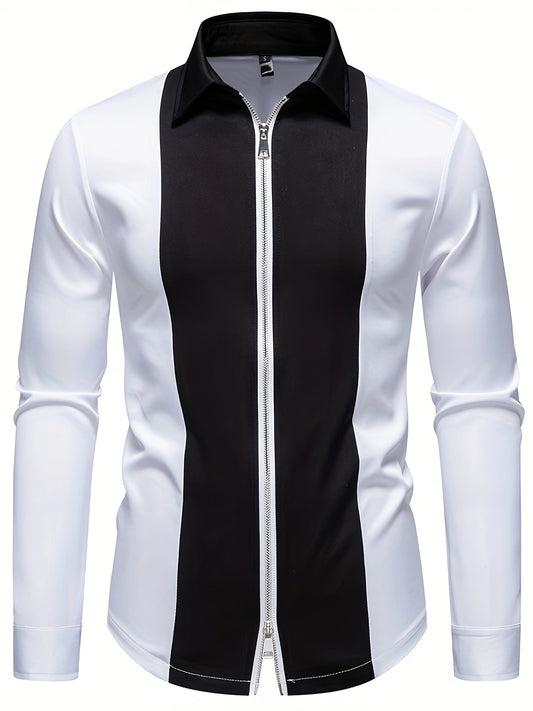 Men'S Casual Lapel Collar Long Sleeve Shirt Polyester Color Block Pattern with Button Details, Slight Stretch Fabric, 140g/m², Regular Fit, All-season, for Adult SHOWLU FASHION STORE
