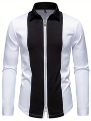 Men'S Casual Lapel Collar Long Sleeve Shirt Polyester Color Block Pattern with Button Details, Slight Stretch Fabric, 140g/m², Regular Fit, All-season, for Adult SHOWLU FASHION STORE