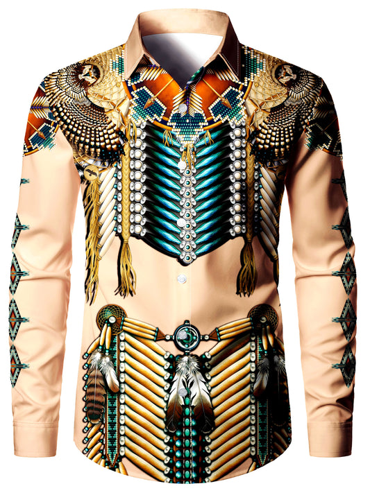 Men'S Tribal Print Long Sleeve Shirt, 100% Polyester, All-Season, Regular Fit, Woven Fabric with Slight Stretch, Button Collar, Vintage Ethnic Decorative Pattern, 120g/m² SHOWLU FASHION STORE