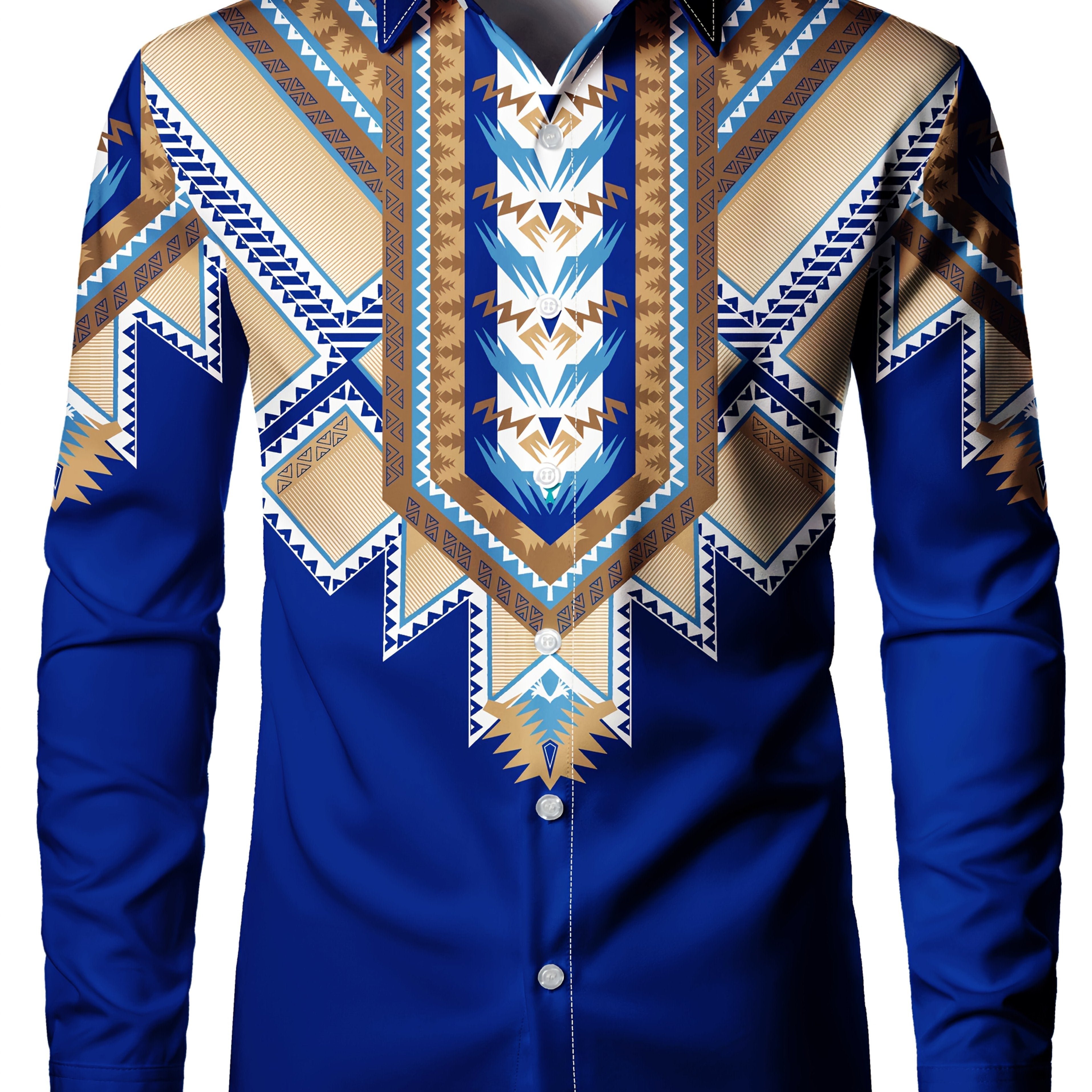 Men's Stylish Blue Geometric Print Long Sleeve Button-Up Shirt - Polyester, Machine Washable, All-Season Comfort Fit with Unique Chevron Patterns SHOWLU FASHION STORE