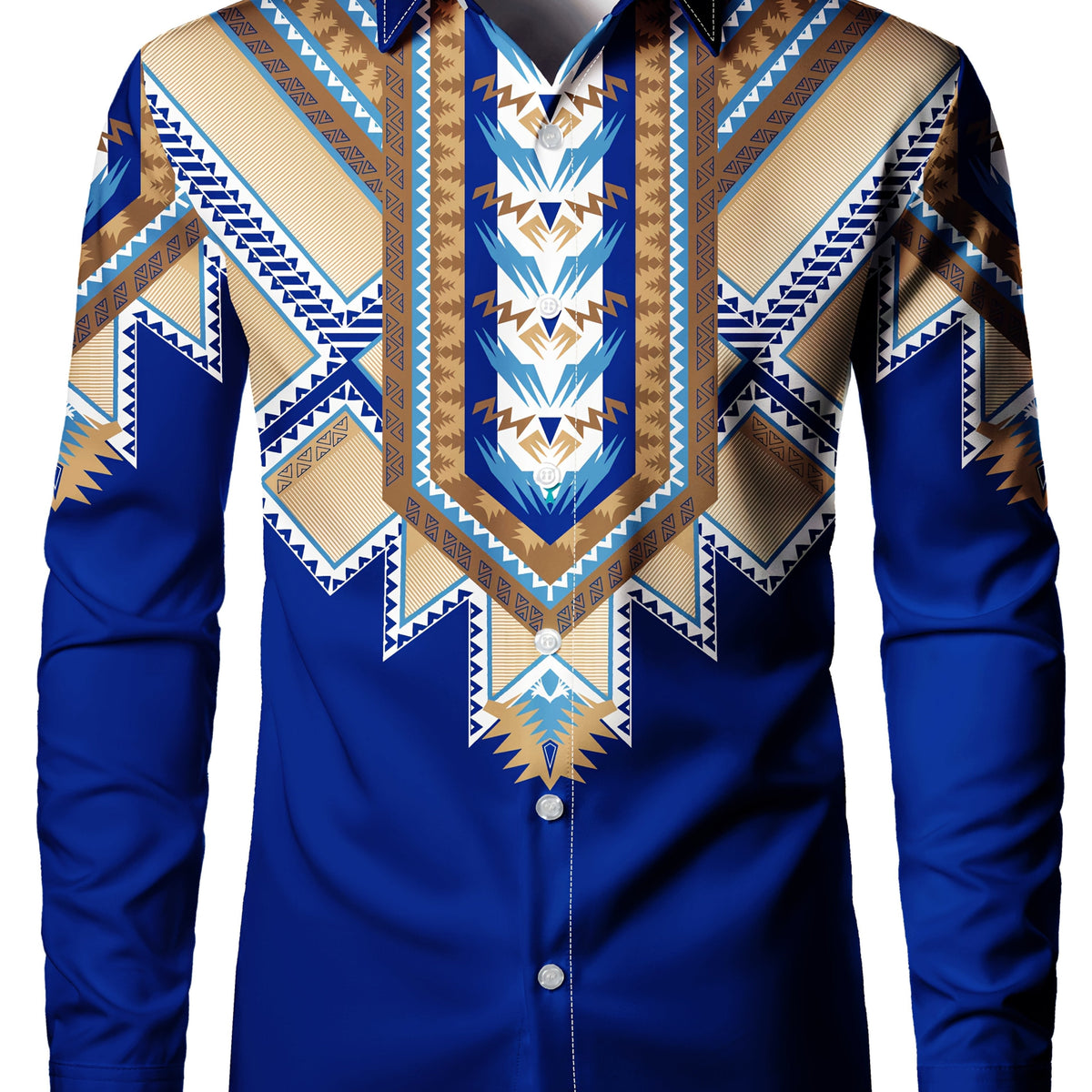Men's Stylish Blue Geometric Print Long Sleeve Button-Up Shirt - Polyester, Machine Washable, All-Season Comfort Fit with Unique Chevron Patterns SHOWLU FASHION STORE