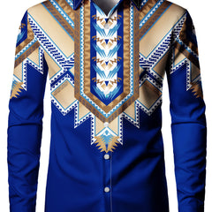 Men's Stylish Blue Geometric Print Long Sleeve Button-Up Shirt - Polyester, Machine Washable, All-Season Comfort Fit with Unique Chevron Patterns SHOWLU FASHION STORE