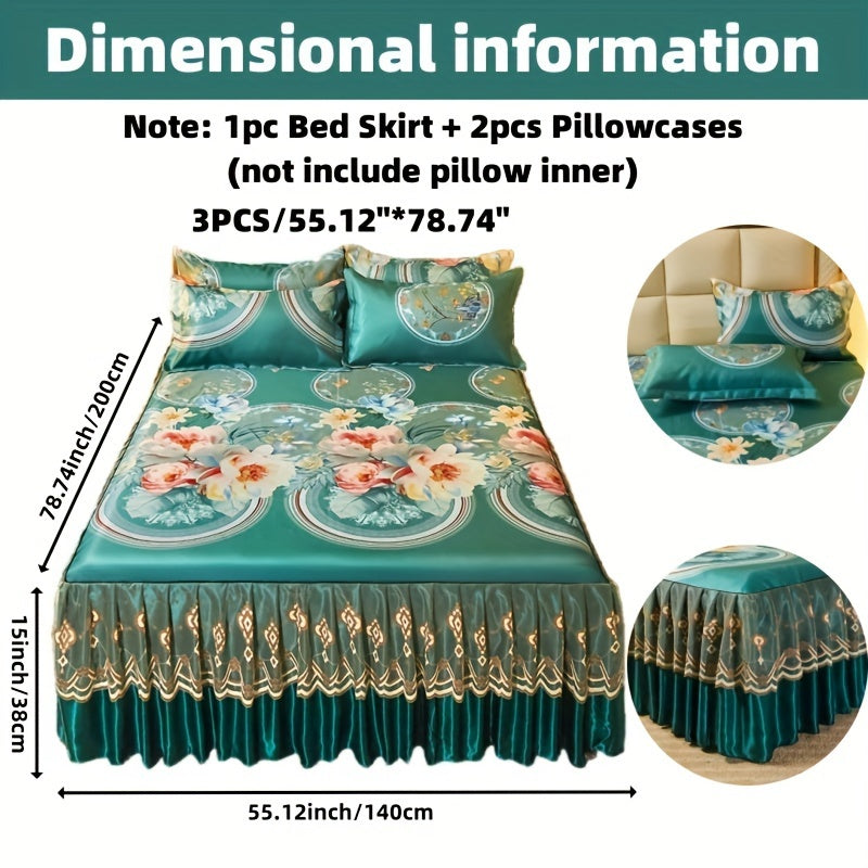 2pcs/3pcs Jacquard Bed Skirt Set with Pillowcases, Lace Hem, Floral Pattern, Soft & Comfortable, Machine Washable, Polyester 100%, Contemporary Style, Woven Fabric, 120g - Single/Double Size Options SHOWLU FASHION STORE