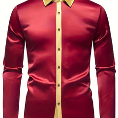 Men'S Casual Lapel Collar Color Block Long Sleeve Shirt Polyester Slight Stretch Button Shirt for Adult SHOWLU FASHION STORE