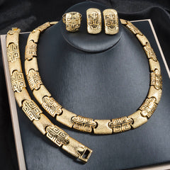 Elegant Women's Jewelry Set - Geometric Frosted Bamboo & Auspicious Patterns, Copper Necklace, Bracelet, Earrings, Ring - Perfect for Parties & Weddings SHOWLU FASHION STORE
