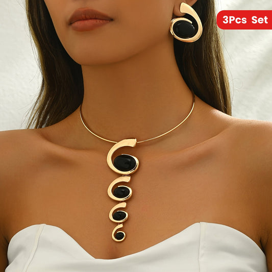 3pcs Chic & Sexy Jewelry Set with Black Acrylic Geometric Spiral/Snail Design - Golden-Tone Zinc Alloy Necklace and Earrings for Daily Wear & Parties SHOWLU FASHION STORE