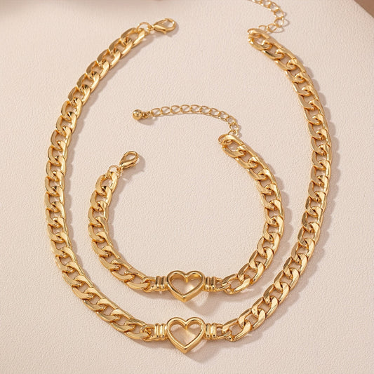 [Durable Build] Elegant Golden-Tone Heart Cutout Choker Necklace and Bracelet Set for Women - Zinc Alloy, Perfect for Daily Wear or Parties SHOWLU FASHION STORE