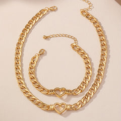 [Durable Build] Elegant Golden-Tone Heart Cutout Choker Necklace and Bracelet Set for Women - Zinc Alloy, Perfect for Daily Wear or Parties SHOWLU FASHION STORE