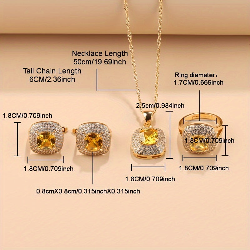 Elegant French-Style 5-Piece Jewelry Set - 18K Golden Plated Copper with Synthetic Stones, Square zirconia Mosaic - Includes Earrings, Rings, Pendant Necklace, Bracelet - Versatile for Daily Wear & Parties, Ideal Thanksgiving SHOWLU FASHION STORE