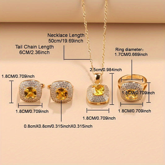 Elegant French-Style 5-Piece Jewelry Set - 18K Golden Plated Copper with Synthetic Stones, Square zirconia Mosaic - Includes Earrings, Rings, Pendant Necklace, Bracelet - Versatile for Daily Wear & Parties, Ideal Thanksgiving SHOWLU FASHION STORE