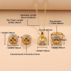 Elegant French-Style 5-Piece Jewelry Set - 18K Golden Plated Copper with Synthetic Stones, Square zirconia Mosaic - Includes Earrings, Rings, Pendant Necklace, Bracelet - Versatile for Daily Wear & Parties, Ideal Thanksgiving SHOWLU FASHION STORE