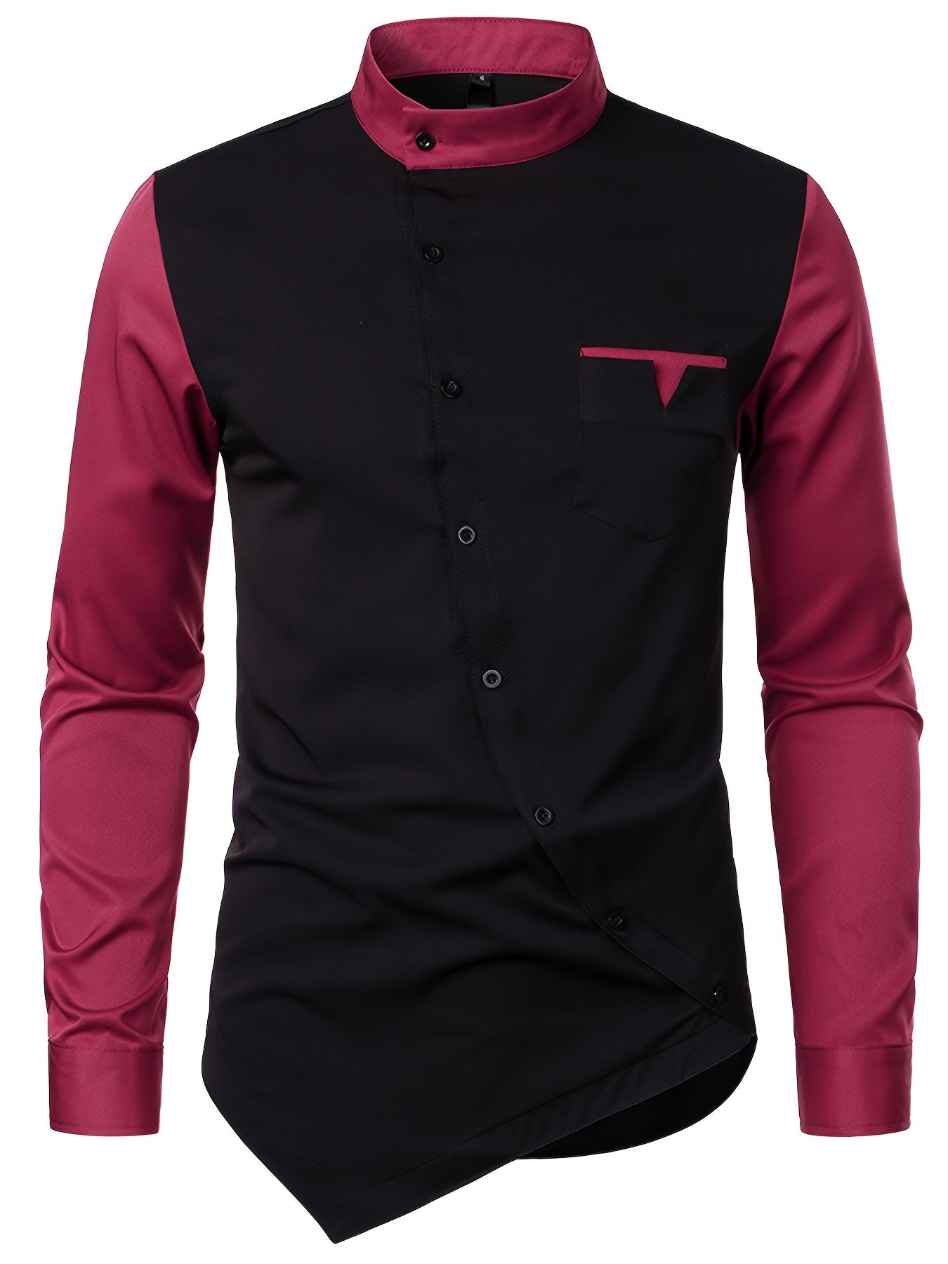 [Glossy Fabric] Stylish Men's Color Block Henley Shirt with Unique Slant Button Detail - Casual Stand Collar, Long Sleeve, Polyester Blend, Machine Washable - Perfect for All Seasons SHOWLU FASHION STORE
