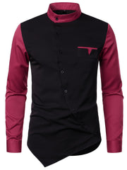 [Glossy Fabric] Stylish Men's Color Block Henley Shirt with Unique Slant Button Detail - Casual Stand Collar, Long Sleeve, Polyester Blend, Machine Washable - Perfect for All Seasons SHOWLU FASHION STORE