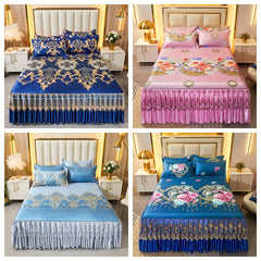 2pcs/3pcs Jacquard Bed Skirt Set with Pillowcases, Lace Hem, Floral Pattern, Soft & Comfortable, Machine Washable, Polyester 100%, Contemporary Style, Woven Fabric, 120g - Single/Double Size Options SHOWLU FASHION STORE
