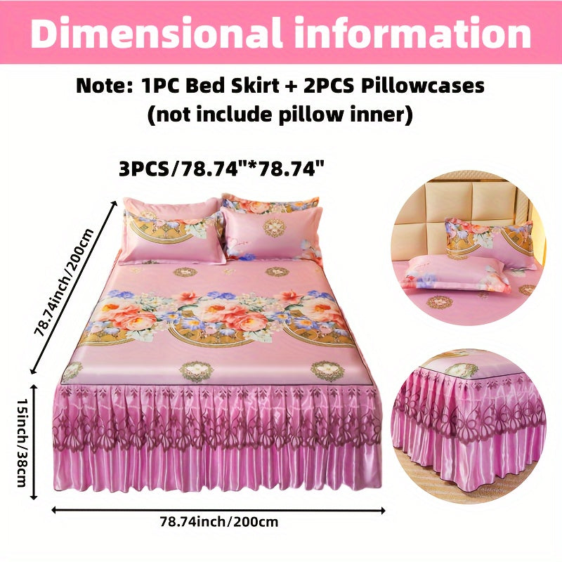 2pcs/3pcs Jacquard Bed Skirt Set with Pillowcases, Lace Hem, Floral Pattern, Soft & Comfortable, Machine Washable, Polyester 100%, Contemporary Style, Woven Fabric, 120g - Single/Double Size Options SHOWLU FASHION STORE