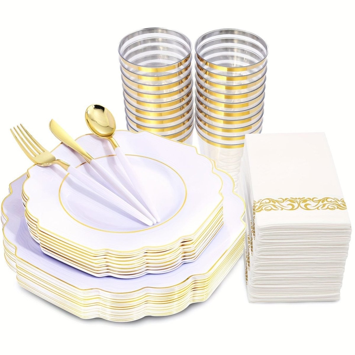 140PCS Plastic Plates - Gold Plastic Silverware, Gold Disposable Plates Include 40Plates, 20Cups, 20Forks, 20 Knives, 20Spoons, 20Napkins for Weddings & Parties - SHOWLU FASHION STORE