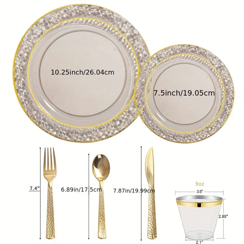 150PCS Clear Black Plastic Plates - Gold Plastic Plates with Gold Plastic Silverware Include: 25Dinner Plates, 25Dessert Plates, 25Cups, 25Forks, 25Knives, 25Spoons for Wedding Party - SHOWLU FASHION STORE