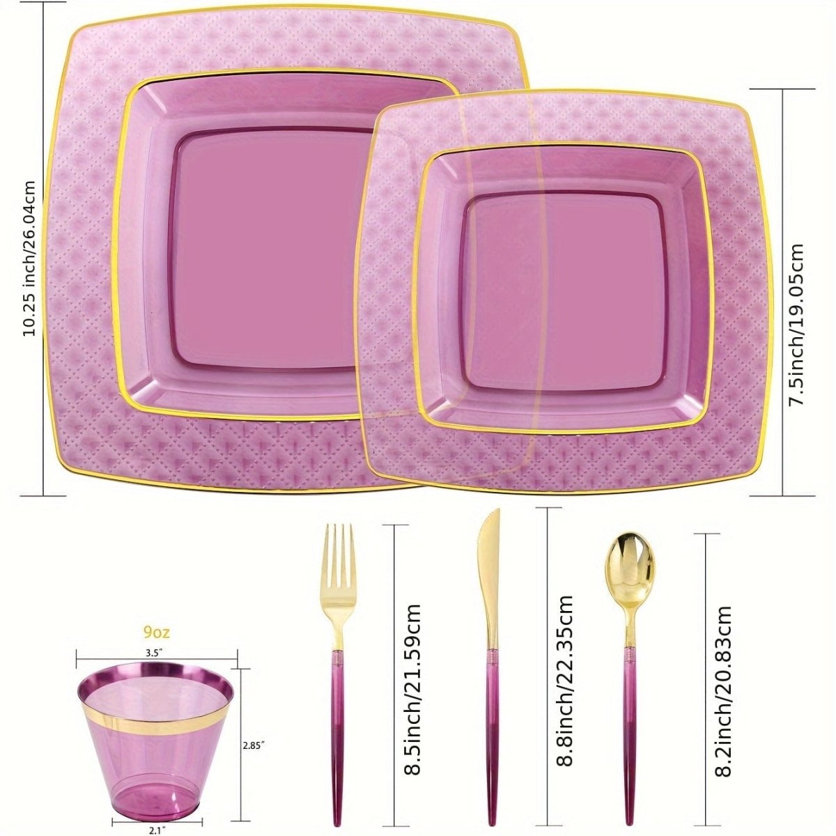 150PCS Purple Plastic Plates - Purple Square Disposable Plates - Gold Plastic Plates Include 25Dinner Plates, 25Dessert Plates, 25Cups, 25Forks, 25Knives, 25Spoons for Wedding - SHOWLU FASHION STORE