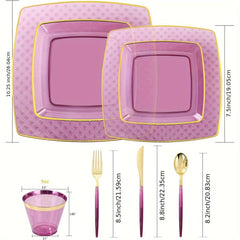 150PCS Purple Plastic Plates - Purple Square Disposable Plates - Gold Plastic Plates Include 25Dinner Plates, 25Dessert Plates, 25Cups, 25Forks, 25Knives, 25Spoons for Wedding - SHOWLU FASHION STORE