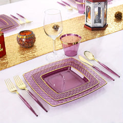 150PCS Purple Plastic Plates - Purple Square Disposable Plates - Gold Plastic Plates Include 25Dinner Plates, 25Dessert Plates, 25Cups, 25Forks, 25Knives, 25Spoons for Wedding - SHOWLU FASHION STORE