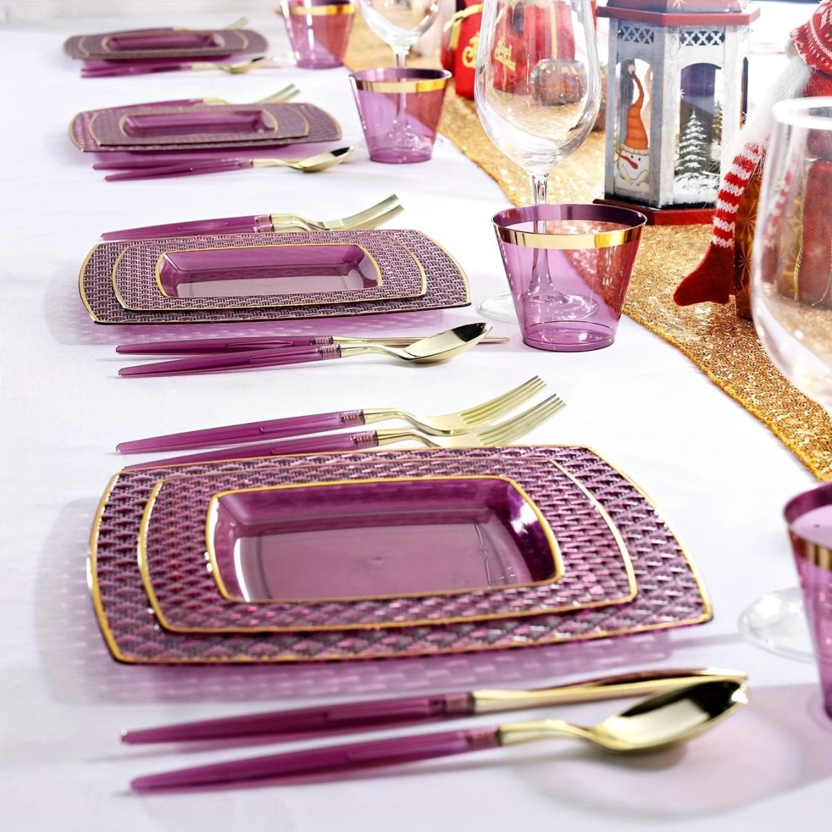 150PCS Purple Plastic Plates - Purple Square Disposable Plates - Gold Plastic Plates Include 25Dinner Plates, 25Dessert Plates, 25Cups, 25Forks, 25Knives, 25Spoons for Wedding - SHOWLU FASHION STORE
