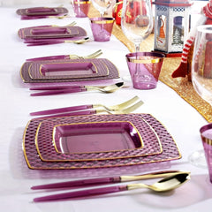 150PCS Purple Plastic Plates - Purple Square Disposable Plates - Gold Plastic Plates Include 25Dinner Plates, 25Dessert Plates, 25Cups, 25Forks, 25Knives, 25Spoons for Wedding - SHOWLU FASHION STORE