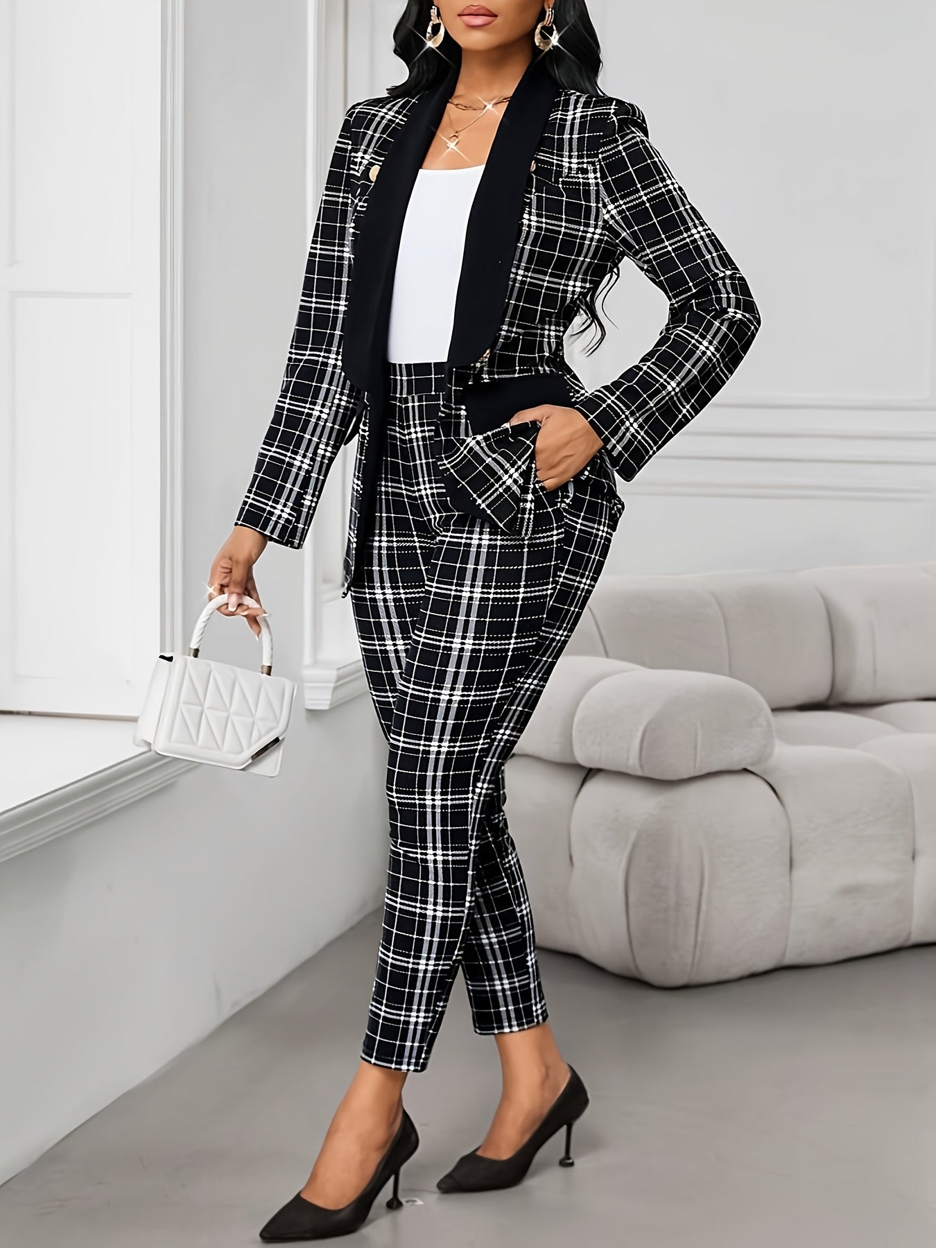 Elegant Geometric Print Plaid Blazer & Pants Set - Black & White Checkered, Long Sleeve, Button-Up, Casual Western Style, Elastic Waist, Pockets, Polyester Blend, Fall & Spring Attire for Women, Casual Attire|Modern Casualwea SHOWLU FASHION STORE