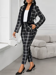 Elegant Geometric Print Plaid Blazer & Pants Set - Black & White Checkered, Long Sleeve, Button-Up, Casual Western Style, Elastic Waist, Pockets, Polyester Blend, Fall & Spring Attire for Women, Casual Attire|Modern Casualwea SHOWLU FASHION STORE