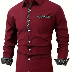 Men's Casual Floral Print Long Sleeve Shirt - Comfortable Polyester, Maroon with Black and White Detailing, Button-Up Collared Style for Fall/Winter SHOWLU FASHION STORE