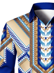 Men's Stylish Blue Geometric Print Long Sleeve Button-Up Shirt - Polyester, Machine Washable, All-Season Comfort Fit with Unique Chevron Patterns SHOWLU FASHION STORE