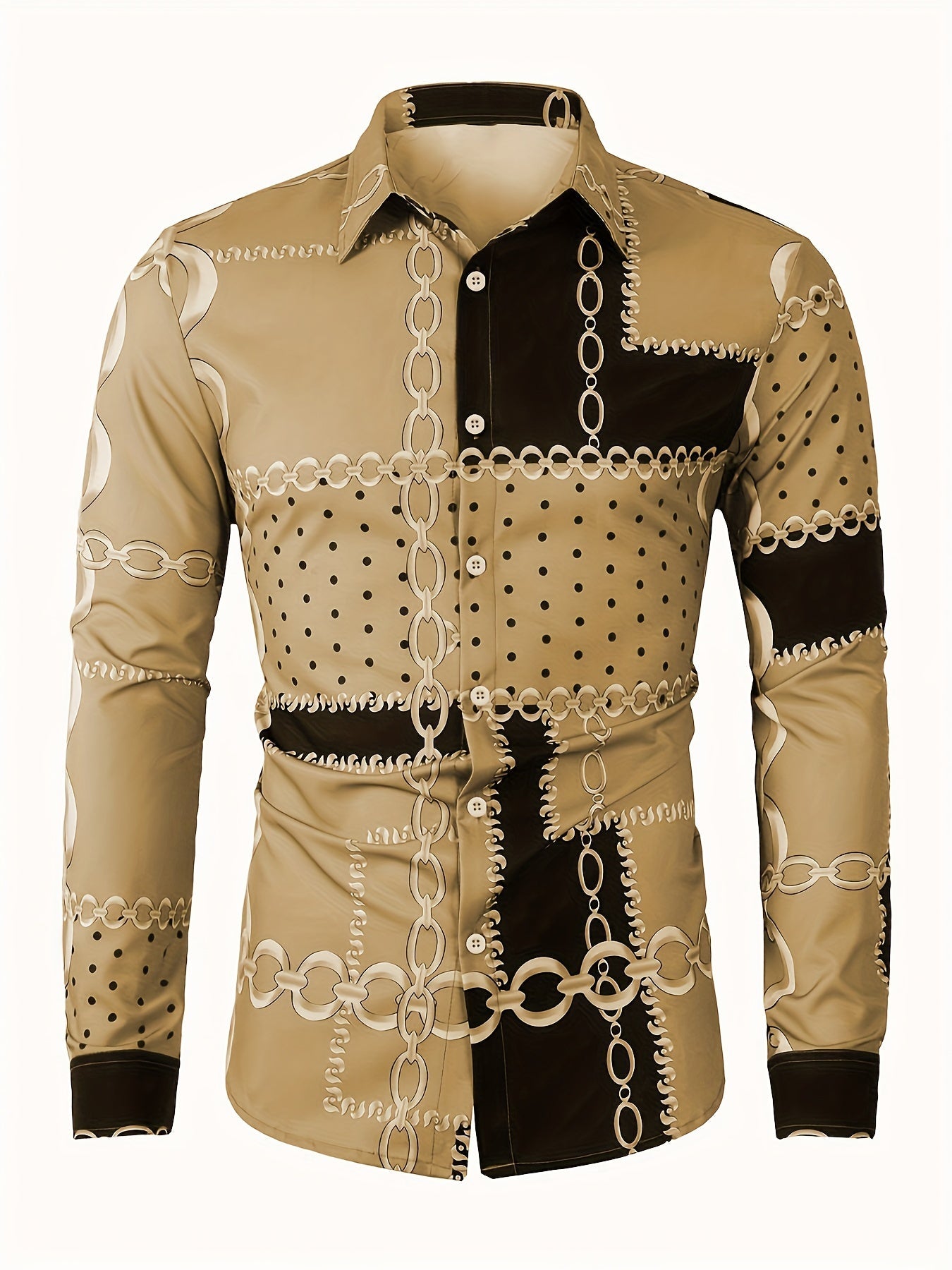 Men's Color Block Chains Graphic Print Shirt, Casual Lapel Button Up Long Sleeve Shirt For Spring Fall Outdoor Activities Party Gift SHOWLU FASHION STORE