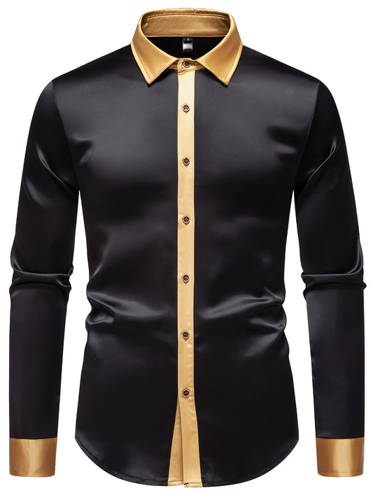Men'S Casual Lapel Collar Color Block Long Sleeve Shirt Polyester Slight Stretch Button Shirt for Adult SHOWLU FASHION STORE
