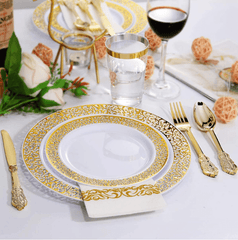 175 PCs Export Tableware Disposable Golden Edge Plate Wine Glass Knife, Fork and Spoon Hard Plastic Rose Gold Hollow Plate Set - SHOWLU FASHION STORE