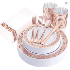 175 PCs Export Tableware Disposable Golden Edge Plate Wine Glass Knife, Fork and Spoon Hard Plastic Rose Gold Hollow Plate Set - SHOWLU FASHION STORE