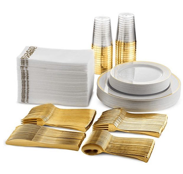 175 PCs Export Tableware Disposable Golden Edge Plate Wine Glass Knife, Fork and Spoon Hard Plastic Rose Gold Hollow Plate Set - SHOWLU FASHION STORE