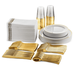 175 PCs Export Tableware Disposable Golden Edge Plate Wine Glass Knife, Fork and Spoon Hard Plastic Rose Gold Hollow Plate Set - SHOWLU FASHION STORE