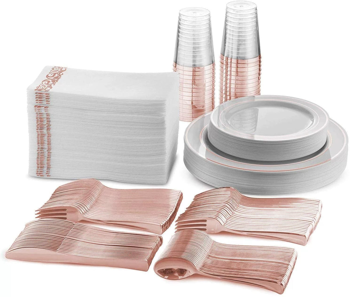 175 PCs Export Tableware Disposable Golden Edge Plate Wine Glass Knife, Fork and Spoon Hard Plastic Rose Gold Hollow Plate Set - SHOWLU FASHION STORE