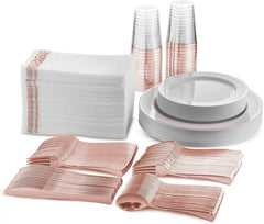 175 PCs Export Tableware Disposable Golden Edge Plate Wine Glass Knife, Fork and Spoon Hard Plastic Rose Gold Hollow Plate Set - SHOWLU FASHION STORE