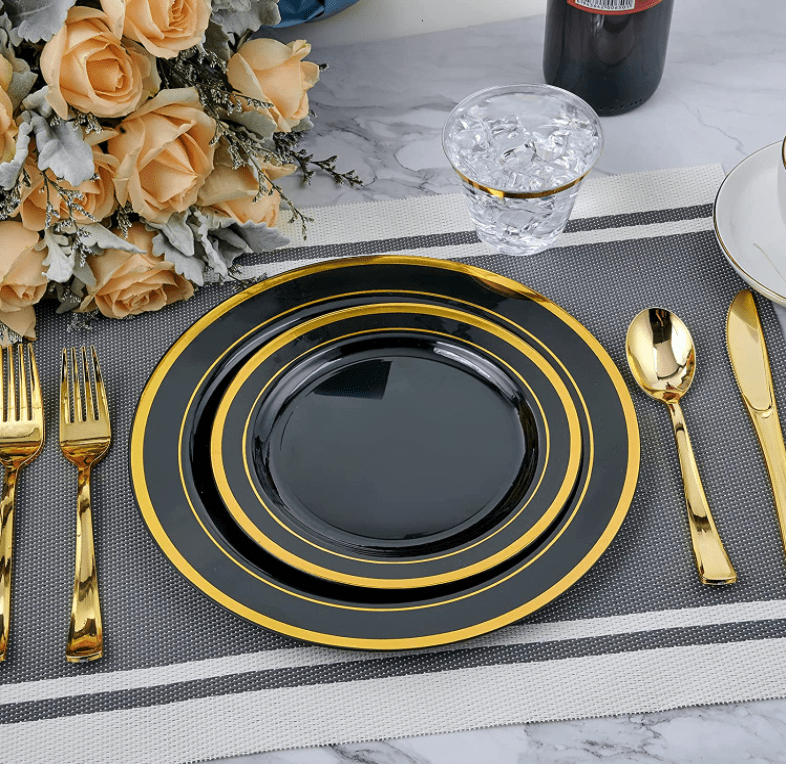 175 PCs Export Tableware Disposable Golden Edge Plate Wine Glass Knife, Fork and Spoon Hard Plastic Rose Gold Hollow Plate Set - SHOWLU FASHION STORE