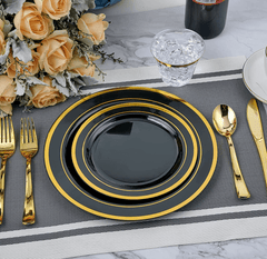 175 PCs Export Tableware Disposable Golden Edge Plate Wine Glass Knife, Fork and Spoon Hard Plastic Rose Gold Hollow Plate Set - SHOWLU FASHION STORE