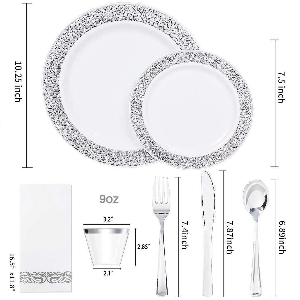 175 PCs Export Tableware Disposable Golden Edge Plate Wine Glass Knife, Fork and Spoon Hard Plastic Rose Gold Hollow Plate Set - SHOWLU FASHION STORE