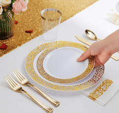 175 PCs Export Tableware Disposable Golden Edge Plate Wine Glass Knife, Fork and Spoon Hard Plastic Rose Gold Hollow Plate Set - SHOWLU FASHION STORE
