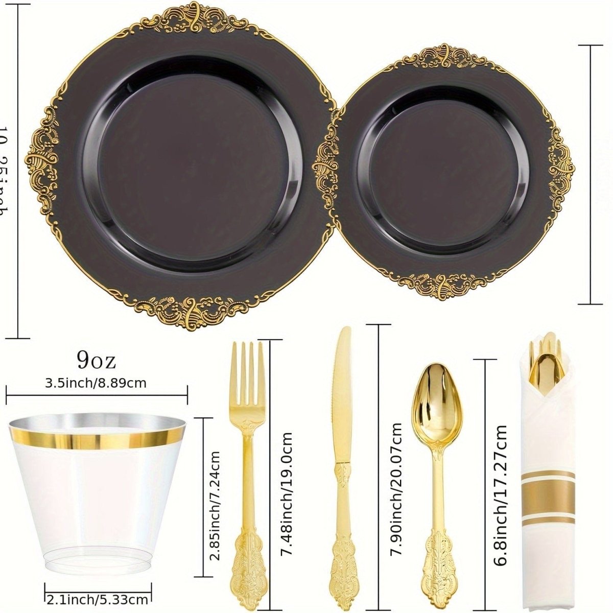 175PCS Black and Gold - Blue and Gold Plastic Plates - Disposable Black - Blue Party Plates & Pre Rolled Napkins with Cutlery for 25 Guests, 50Plates, 75Silverware, 25Cups, 25Napkin for Wedding & Party - SHOWLU FASHION STORE