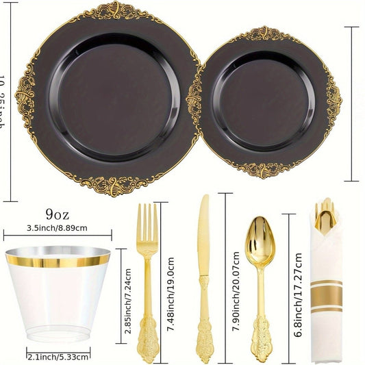 175PCS Black and Gold - Blue and Gold Plastic Plates - Disposable Black - Blue Party Plates & Pre Rolled Napkins with Cutlery for 25 Guests, 50Plates, 75Silverware, 25Cups, 25Napkin for Wedding & Party - SHOWLU FASHION STORE