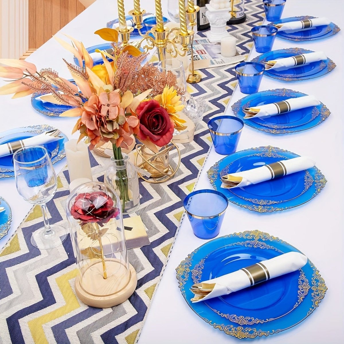 175PCS Black and Gold - Blue and Gold Plastic Plates - Disposable Black - Blue Party Plates & Pre Rolled Napkins with Cutlery for 25 Guests, 50Plates, 75Silverware, 25Cups, 25Napkin for Wedding & Party - SHOWLU FASHION STORE