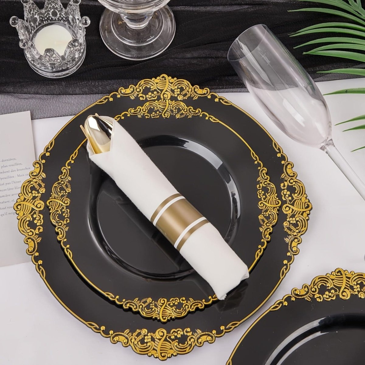 175PCS Black and Gold - Blue and Gold Plastic Plates - Disposable Black - Blue Party Plates & Pre Rolled Napkins with Cutlery for 25 Guests, 50Plates, 75Silverware, 25Cups, 25Napkin for Wedding & Party - SHOWLU FASHION STORE