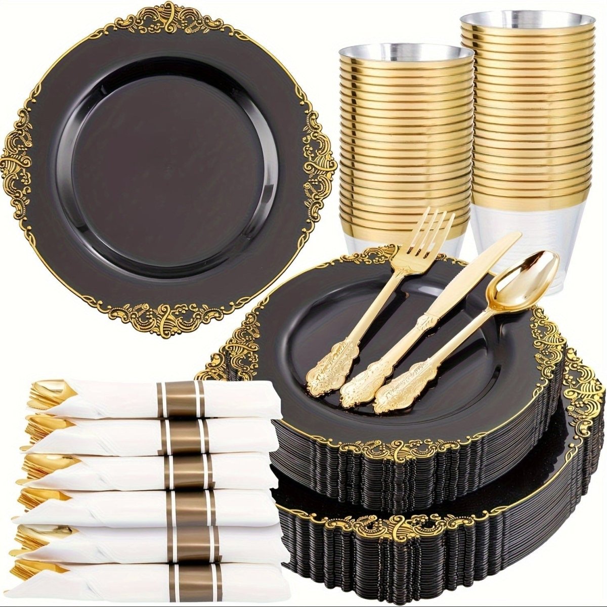 175PCS Black and Gold - Blue and Gold Plastic Plates - Disposable Black - Blue Party Plates & Pre Rolled Napkins with Cutlery for 25 Guests, 50Plates, 75Silverware, 25Cups, 25Napkin for Wedding & Party - SHOWLU FASHION STORE